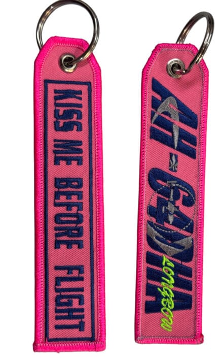 "KISS ME BEFORE FLIGHT" Embroidered Aviation Keychain – AH-64D LONGBOW Edition (Pink)