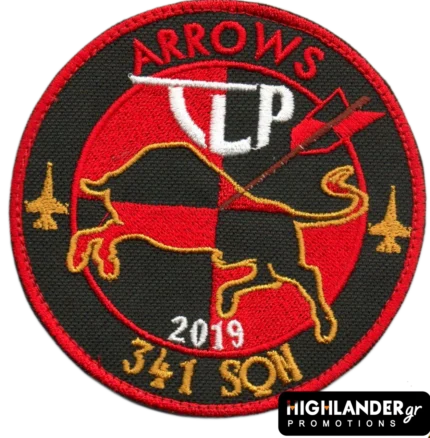 341 SQN "Arrows" TLP 2019 embroidered patch featuring a bull, arrow, and squadron insignia in red and black, Hellenic Air Force