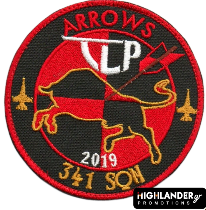 341 SQN "Arrows" TLP 2019 embroidered patch featuring a bull, arrow, and squadron insignia in red and black, Hellenic Air Force