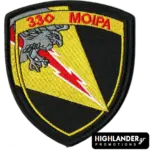 Embroidered patch with eagle clutching a red lightning bolt on a yellow and black shield, 330 Squadron "Thunder" Hellenic Air Force.