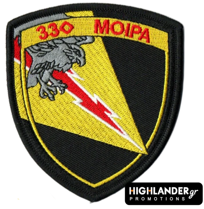 Embroidered patch with eagle clutching a red lightning bolt on a yellow and black shield, 330 Squadron "Thunder" Hellenic Air Force.