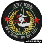 Embroidered patch with ghost riding red missiles, laurel branches, red stars, jet silhouette, and "337 SQN BE A GHOST OR GET LOST" text.