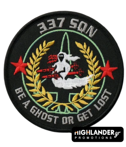 Embroidered patch with ghost riding red missiles, laurel branches, red stars, jet silhouette, and "337 SQN BE A GHOST OR GET LOST" text.