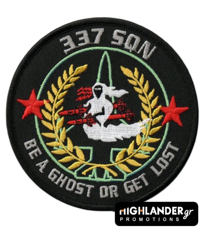 Embroidered patch with ghost riding red missiles, laurel branches, red stars, jet silhouette, and "337 SQN BE A GHOST OR GET LOST" text.