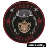 Embroidered patch with skull in pilot helmet, red stars, aircraft silhouettes, "GHOST" and "337 SQN" text, red border