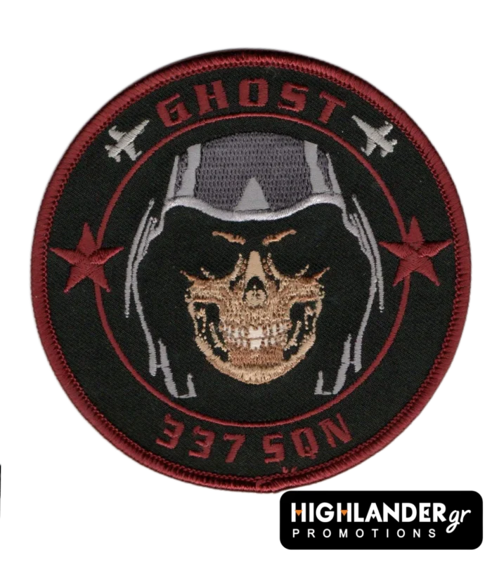 Embroidered patch with skull in pilot helmet, red stars, aircraft silhouettes, "GHOST" and "337 SQN" text, red border