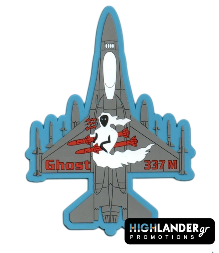 PVC patch shaped as a top-view F-16 with a white ghost, red missiles, and red "Ghost 337 M" text, blue border.