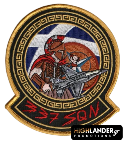 Embroidered patch with Spartan warrior holding F-16, Greek key border, HAF roundel, gold edge, and red "337 SQN" text.