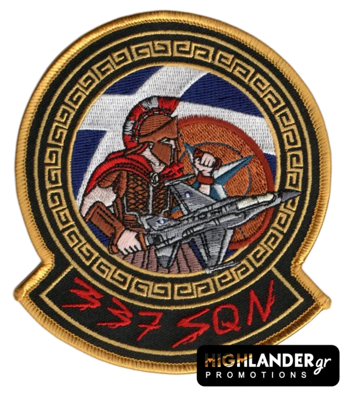 Embroidered patch with Spartan warrior holding F-16, Greek key border, HAF roundel, gold edge, and red "337 SQN" text.