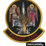 Embroidered patch with front-view jet, two archangels, winged sword, Greek "ΠΕΡΣΕΑΣ" inscription, and red "FLIGHT LINE" text, gold border.