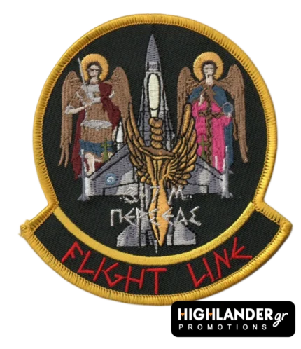 Embroidered patch with front-view jet, two archangels, winged sword, Greek "ΠΕΡΣΕΑΣ" inscription, and red "FLIGHT LINE" text, gold border.