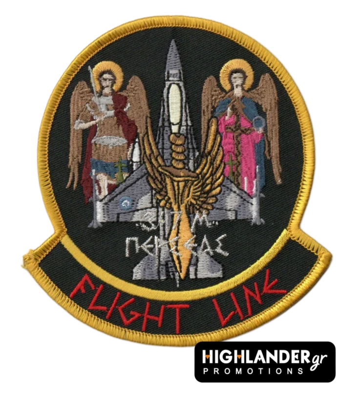Embroidered patch with front-view jet, two archangels, winged sword, Greek "ΠΕΡΣΕΑΣ" inscription, and red "FLIGHT LINE" text, gold border.