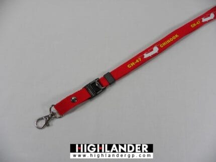 Red lanyard with white CH-47 Chinook helicopter silhouette and yellow "CH-47 CHINOOK" text, metal clasp and detachable buckle.