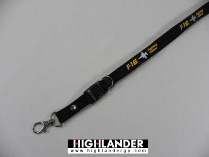 Black lanyard with white F-16 jet silhouette and yellow "F-16 Fighting Falcon" text, metal clasp and detachable buckle.