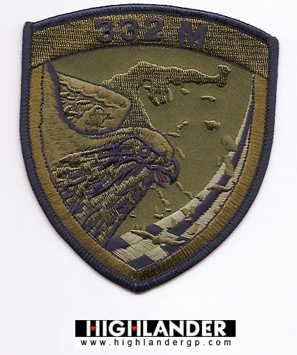 332 Squadron tactical embroidered patch with hawk and map of Greece in subdued colors.