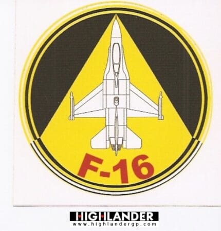 Στρογγυλό αυτοκόλλητο με λευκό F-16 από πάνω, φόντο κίτρινο και μαύρο τρίγωνο, κόκκινη επιγραφή "F-16".