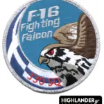 Embroidered patch with hawk head, blue and white Hellenic Air Force roundel, “F-16 Fighting Falcon” text, and “330 SQ” in red.