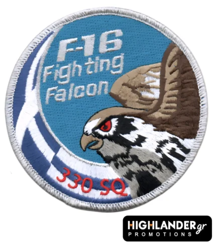 Embroidered patch with hawk head, blue and white Hellenic Air Force roundel, “F-16 Fighting Falcon” text, and “330 SQ” in red.