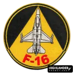 Embroidered F-16 patch in yellow and black with fighter jet design