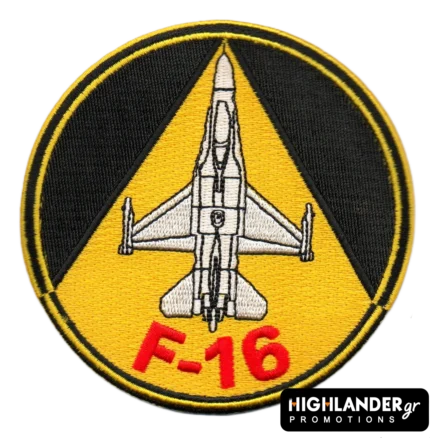Embroidered F-16 patch in yellow and black with fighter jet design