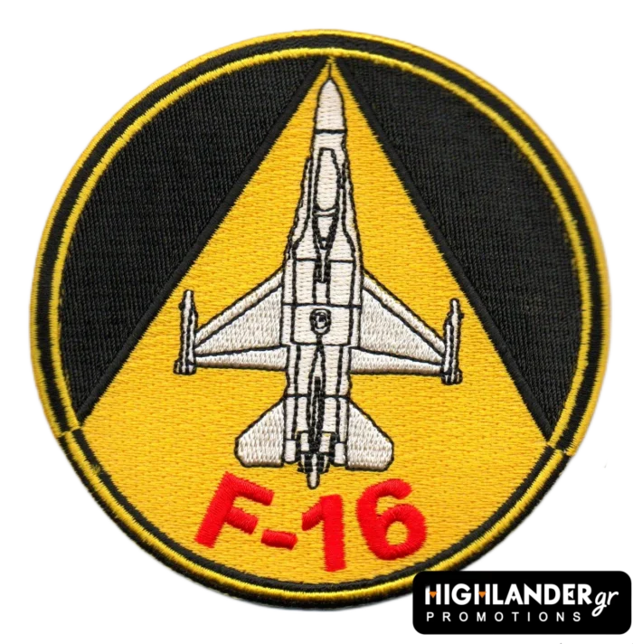 Embroidered F-16 patch in yellow and black with fighter jet design