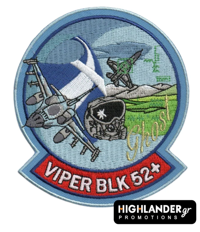 Embroidered patch with F-16 Viper BLK 52+, Greek flag, pilot helmet, and gold "Ghost" script, blue border.