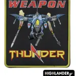 PVC patch with stylized fighter jet, thunderbolt wings, missiles, "WEAPON" and "THUNDER" text with red lightning bolt, olive green border.