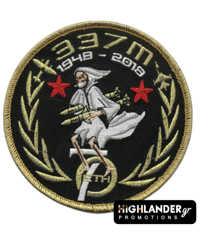 337th Squadron commemorative patch with skeletal figure, red stars, laurel branches, and years 1948–2019.