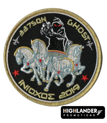 337 Squadron INIOCHOS 2019 patch with ghost figure, four-horse chariot, jets, and event inscription.