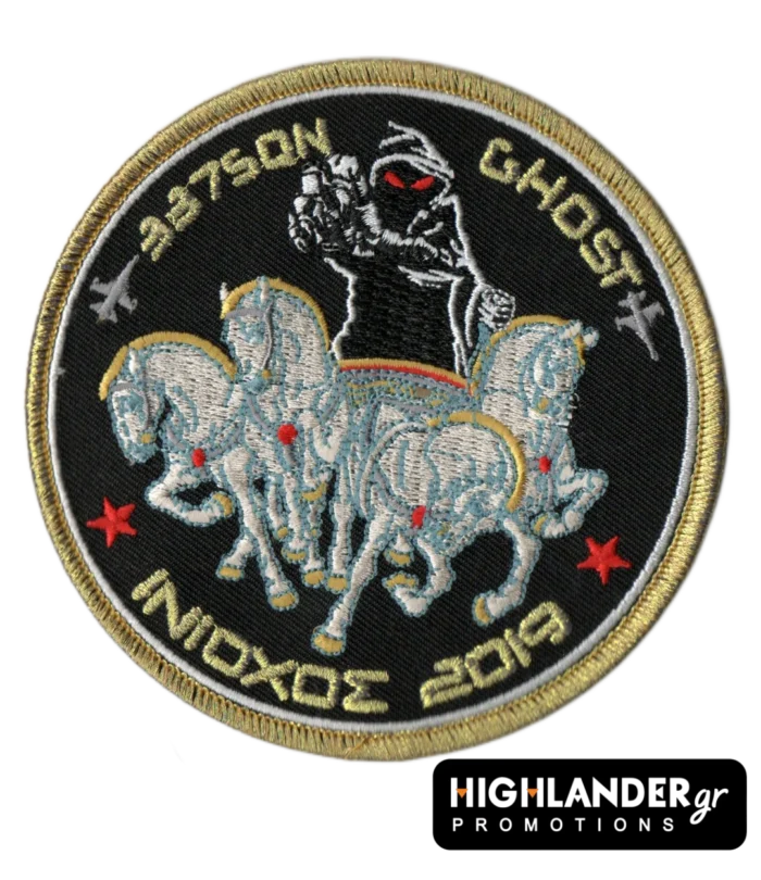337 Squadron INIOCHOS 2019 patch with ghost figure, four-horse chariot, jets, and event inscription.