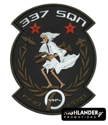 337th Squadron 70 Years PVC anniversary patch with skeleton figure, red stars, laurel branches, and years 1948–2018
