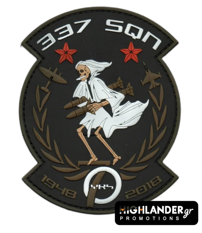 337th Squadron 70 Years PVC anniversary patch with skeleton figure, red stars, laurel branches, and years 1948–2018