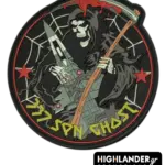 PVC patch with Grim Reaper holding F-16 and scythe, spider web, red stars, blood, and yellow "337 SPN GHOST" text.