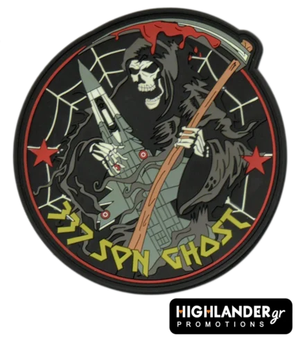 PVC patch with Grim Reaper holding F-16 and scythe, spider web, red stars, blood, and yellow "337 SPN GHOST" text.