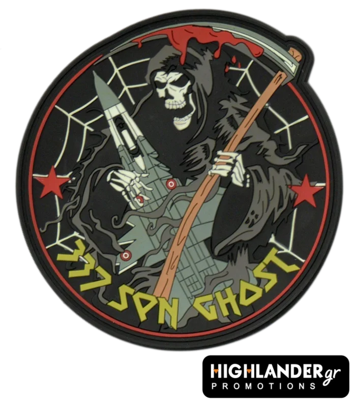 PVC patch with Grim Reaper holding F-16 and scythe, spider web, red stars, blood, and yellow "337 SPN GHOST" text.