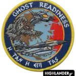 Embroidered patch with ghost figure reaching for two F-16 jets, world map background, "GHOST READINESS" and Greek motto, yellow border.