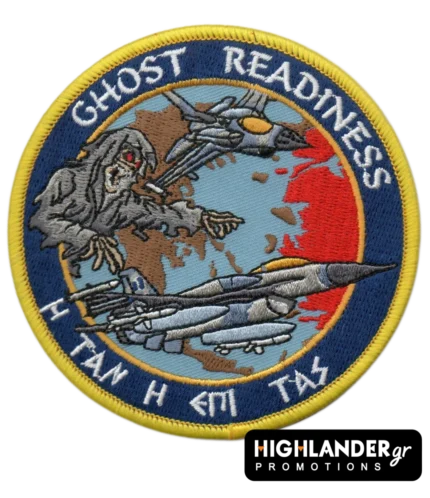 Embroidered patch with ghost figure reaching for two F-16 jets, world map background, "GHOST READINESS" and Greek motto, yellow border.