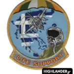 Embroidered patch with a fighter jet, pilot helmet and oxygen mask, map of Greece in flag colors, and “LIFE SUPPORT” at the bottom.