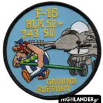 343 Squadron F-16 Ground Support embroidered patch with Obelix pulling F-16 Block 52+ jet, yellow text, and Ground Support inscription.