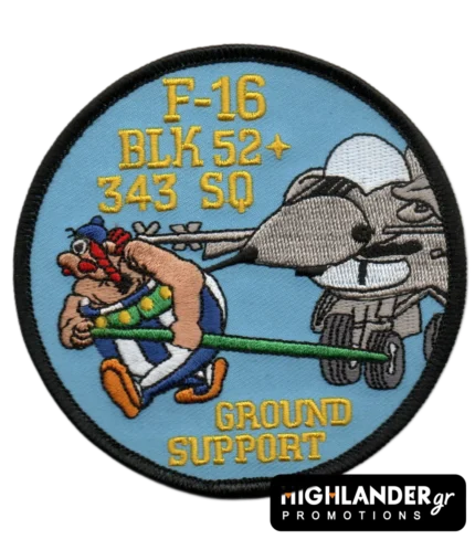 Κεντημένο έμβλημα 343 Μοίρας F-16 Ground Support με τον Οβελίξ να τραβά μαχητικό F-16 Block 52+, κίτρινη γραφή και επιγραφή Ground Support.