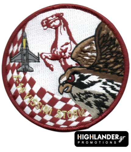 F-16 VISSINI STORM mission patch with hawk, horse and maroon-white pattern