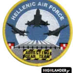 Hellenic Air Force patch with three fighter jets and arresting gear on runway