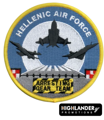 Hellenic Air Force patch with three fighter jets and arresting gear on runway