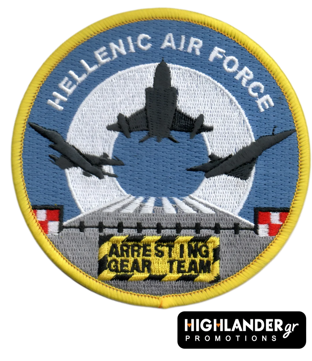 HAF-arresting Hellenic Air Force patch with three fighter jets and arresting gear on runway