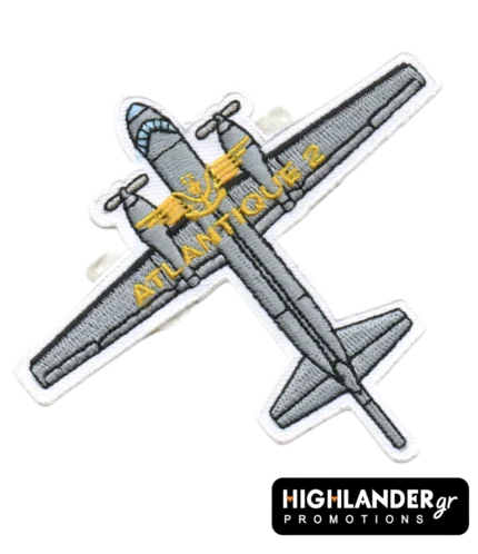 Atlantique 2 embroidered patch showing maritime patrol aircraft, propellers, cockpit, French Navy insignia, and “ATLANTIQUE 2” text.