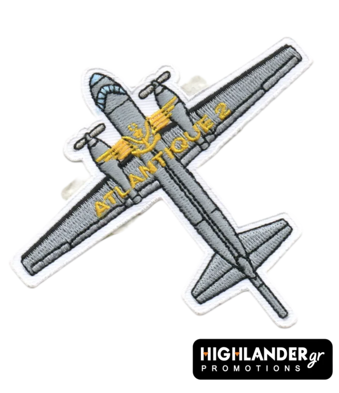 Atlantique 2 embroidered patch showing maritime patrol aircraft, propellers, cockpit, French Navy insignia, and “ATLANTIQUE 2” text.
