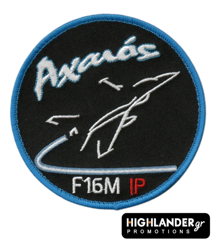 Axaios F-16M instructor pilot patch—Greek Air Force badge with call sign "Αχαιός," stylized F-16 jet, blue trim, and red IP letters.