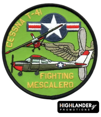 Cessna T-41 Fighting Mescalero embroidered patch with green background and aircraft