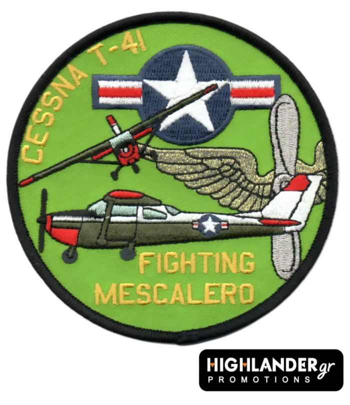 Cessna T-41 Fighting Mescalero embroidered patch with green background and aircraft