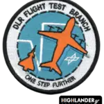 DLR Flight Test Branch embroidered patch with orange aircraft and blue background